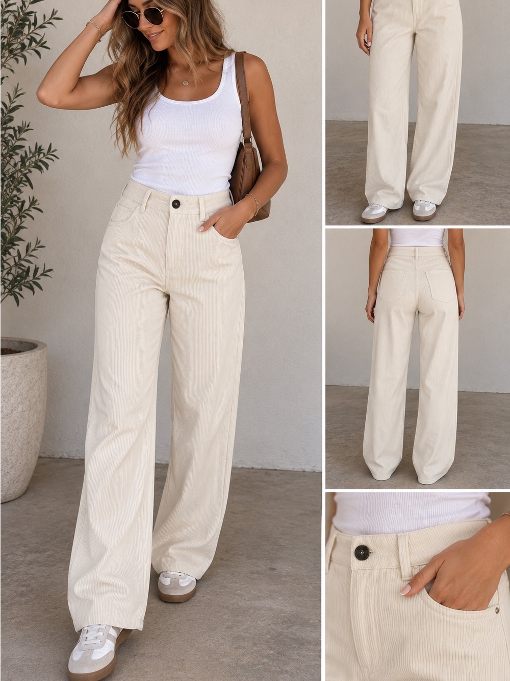 High-Waist Wide-Leg Corduroy Pants in Cream